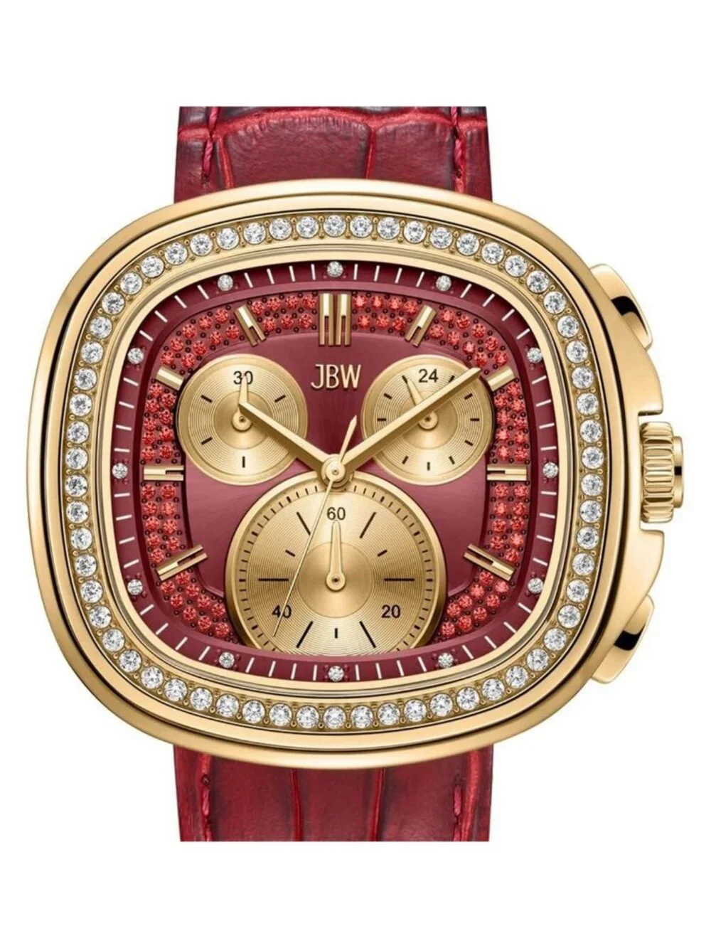 NWT JBW Coast Leather Chronograph GMT Quartz Diamond Red Dial Men's Watch